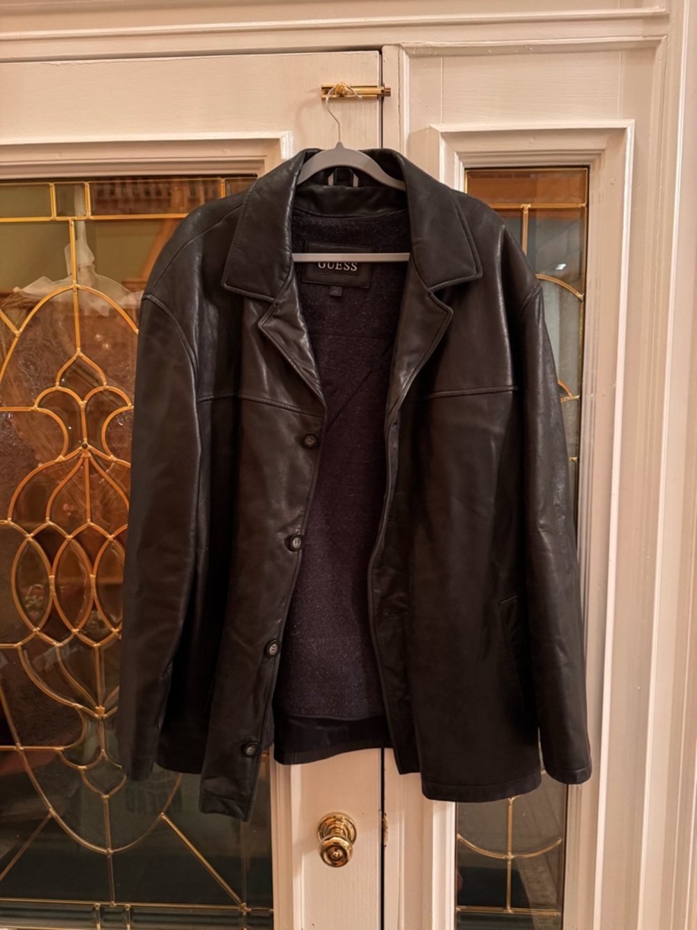Guess Black Leather-Trim Logo Wool Coat